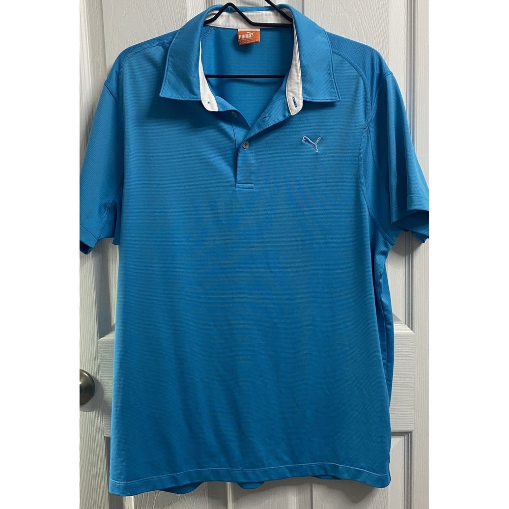 Puma Golf Polo Shirt Men's Teal Blue Sz. Large. Length=29" Chest=46" Sleeve=9"
